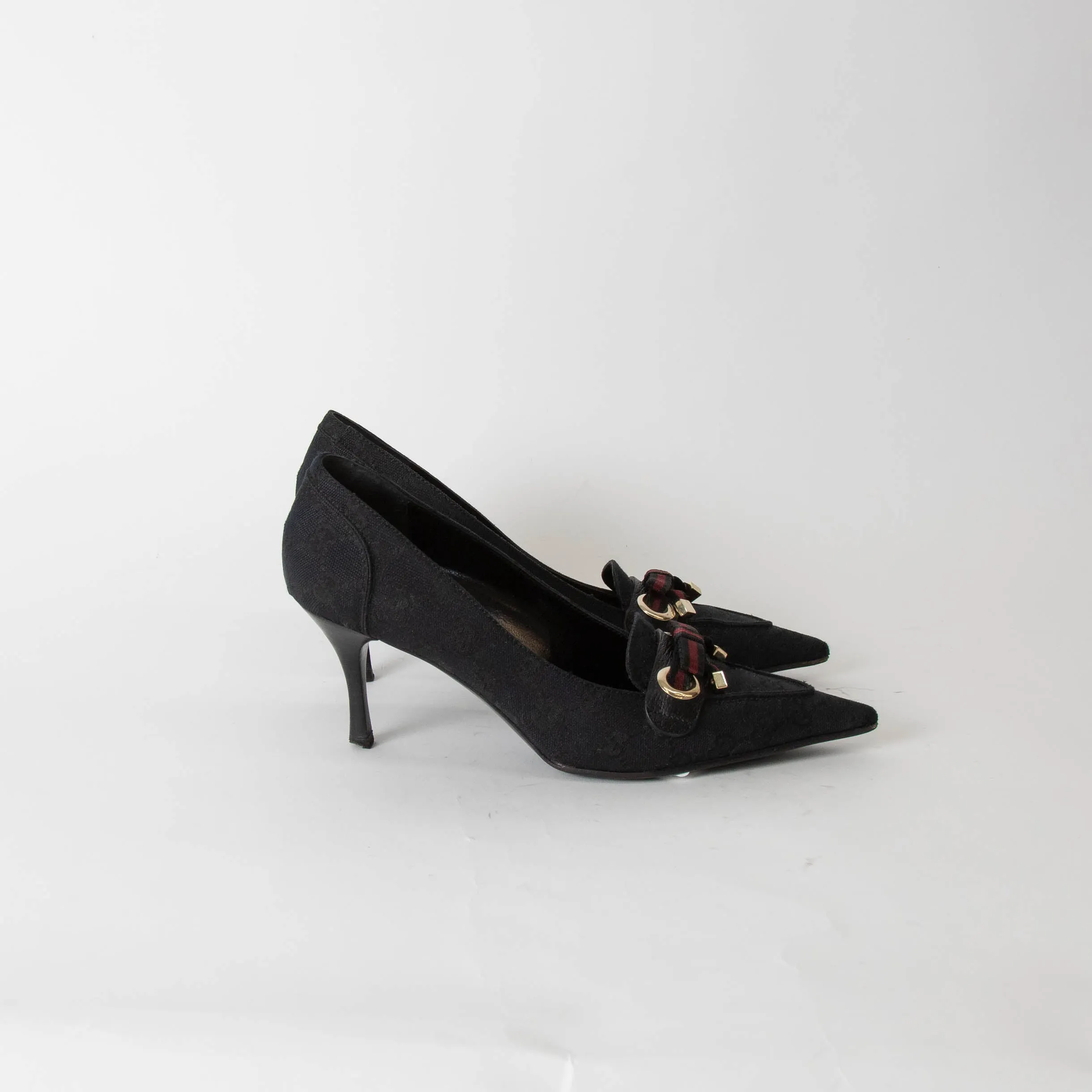 Gucci Vintage Princy Black Canvas Monogram Pointed Toe Heels