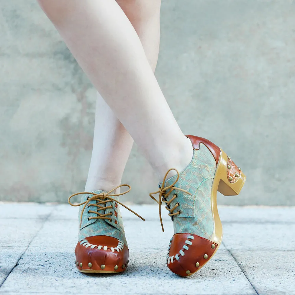 Hand-polished Leather Retro Splicing Rivets Comfortable Thick Heel Single Shoes