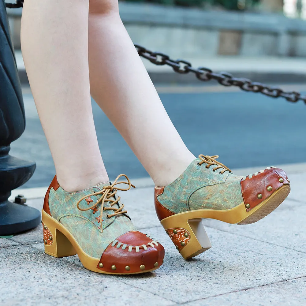 Hand-polished Leather Retro Splicing Rivets Comfortable Thick Heel Single Shoes
