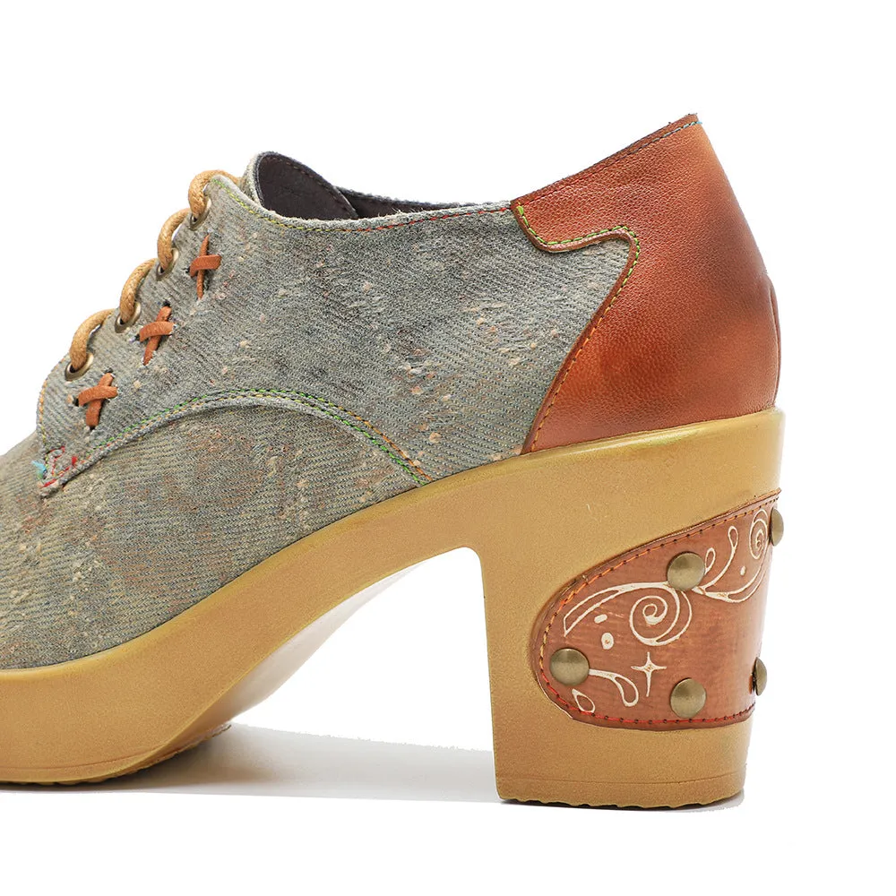 Hand-polished Leather Retro Splicing Rivets Comfortable Thick Heel Single Shoes