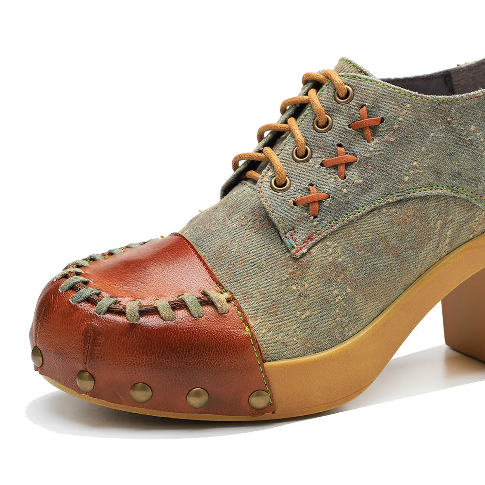 Hand-polished Leather Retro Splicing Rivets Comfortable Thick Heel Single Shoes