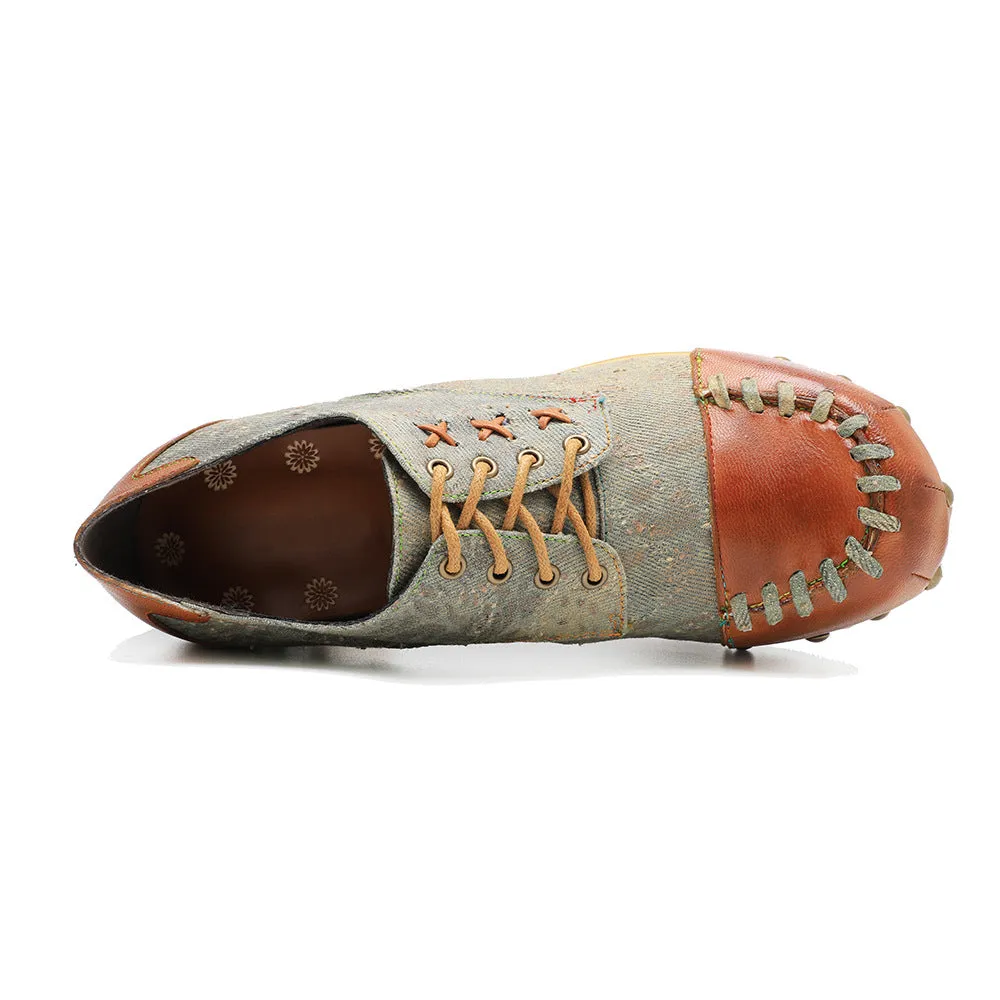 Hand-polished Leather Retro Splicing Rivets Comfortable Thick Heel Single Shoes