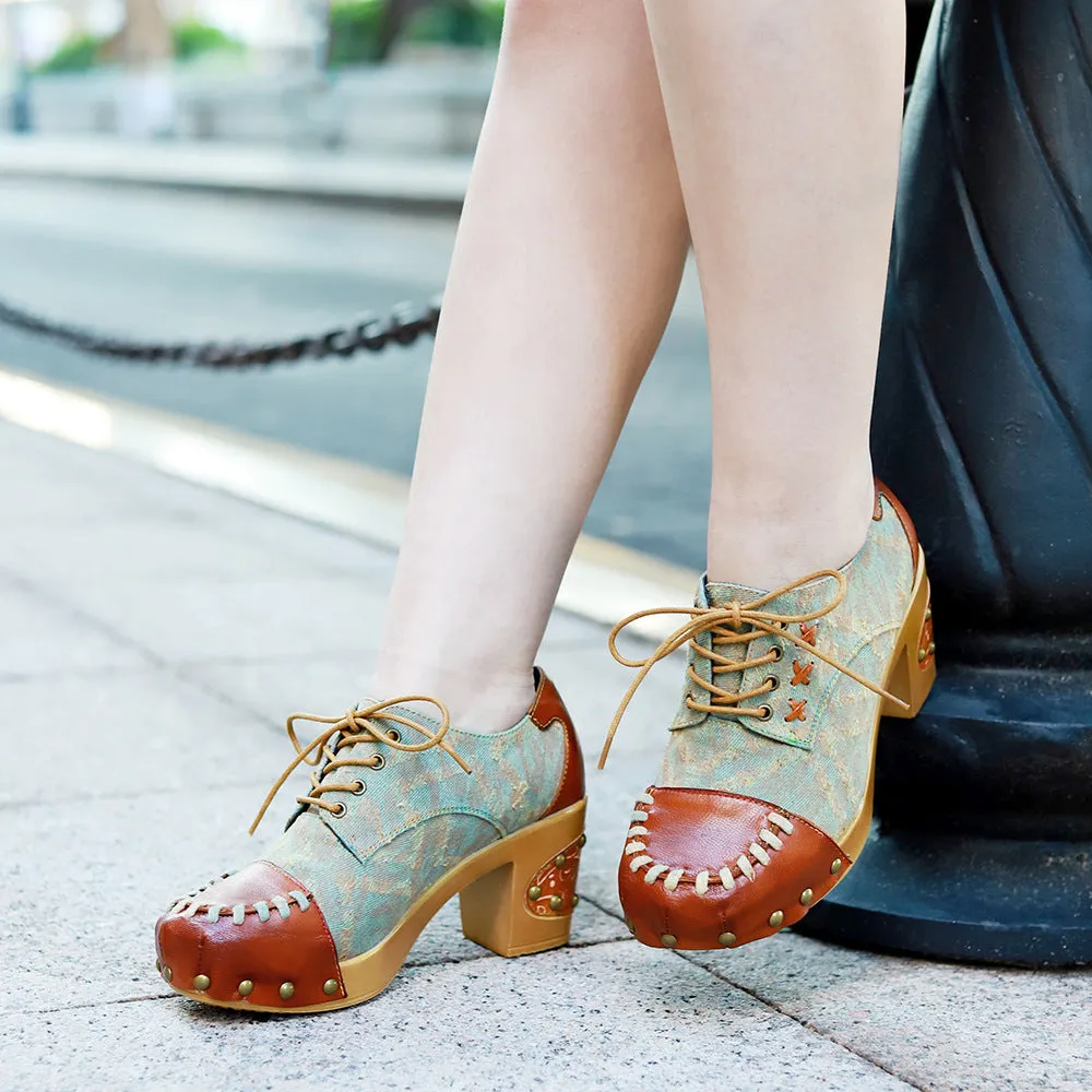 Hand-polished Leather Retro Splicing Rivets Comfortable Thick Heel Single Shoes