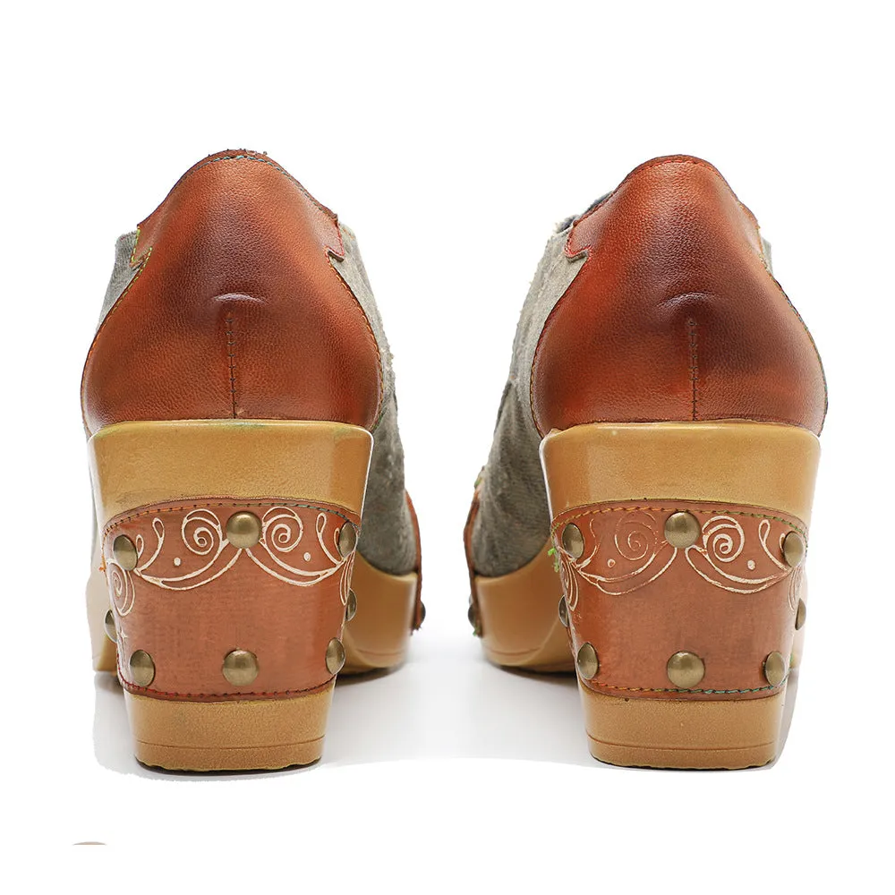 Hand-polished Leather Retro Splicing Rivets Comfortable Thick Heel Single Shoes