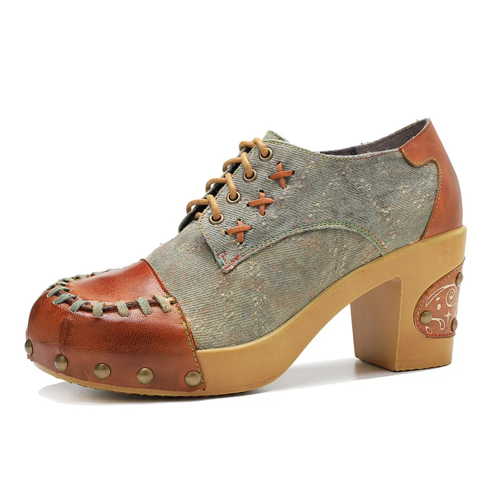 Hand-polished Leather Retro Splicing Rivets Comfortable Thick Heel Single Shoes