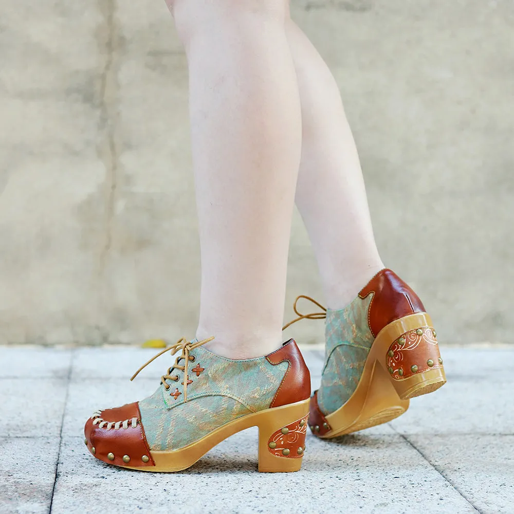 Hand-polished Leather Retro Splicing Rivets Comfortable Thick Heel Single Shoes