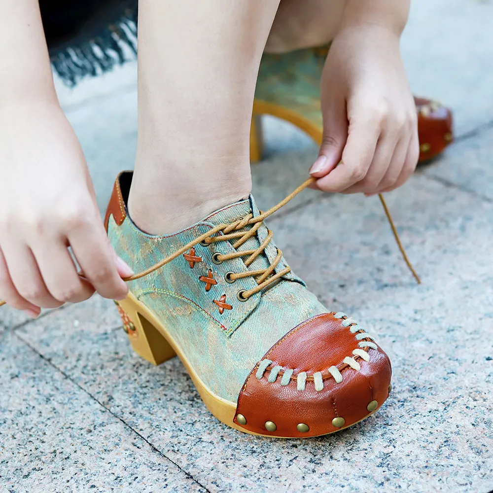 Hand-polished Leather Retro Splicing Rivets Comfortable Thick Heel Single Shoes