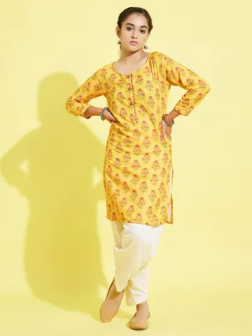 Jashvi Girls' Mustard And Cream Printed Linen Kurta And Patiala Set
