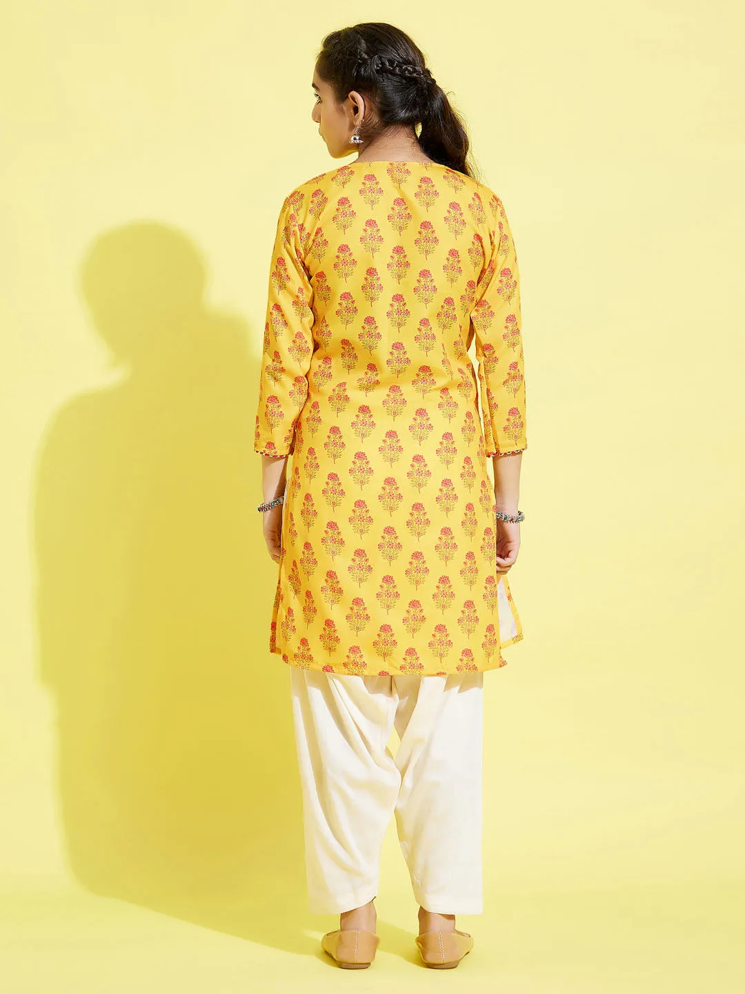 Jashvi Girls' Mustard And Cream Printed Linen Kurta And Patiala Set