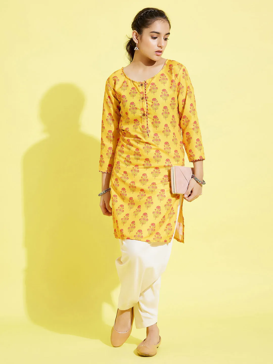 Jashvi Girls' Mustard And Cream Printed Linen Kurta And Patiala Set