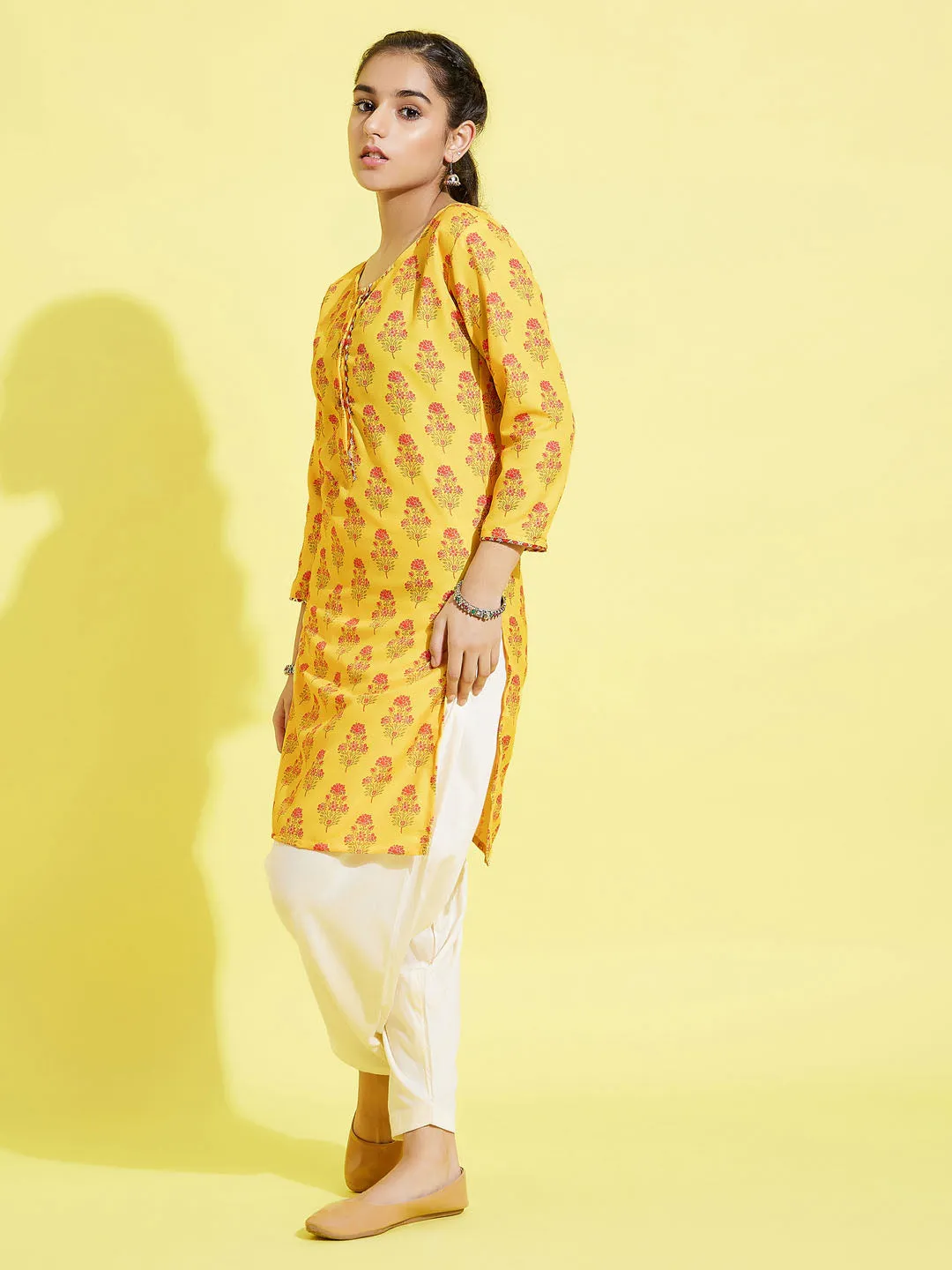Jashvi Girls' Mustard And Cream Printed Linen Kurta And Patiala Set