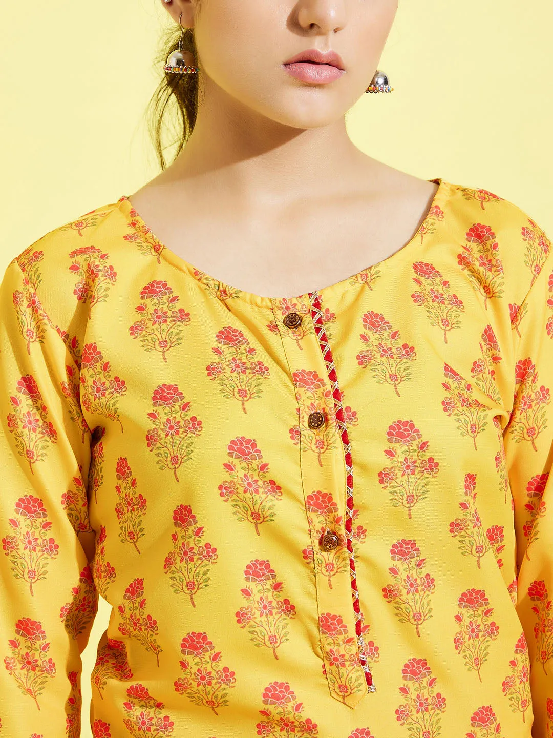 Jashvi Girls' Mustard And Cream Printed Linen Kurta And Patiala Set