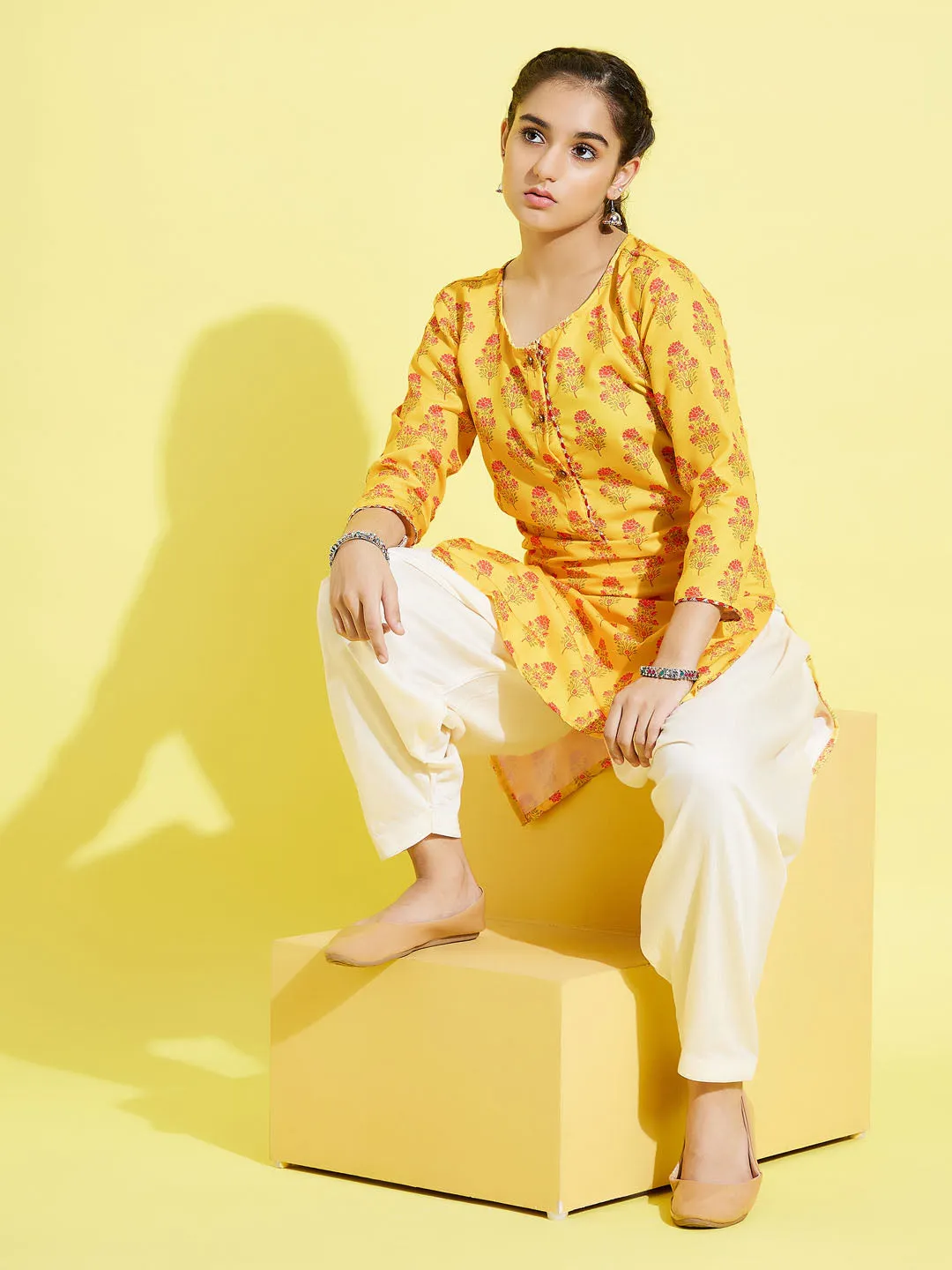 Jashvi Girls' Mustard And Cream Printed Linen Kurta And Patiala Set