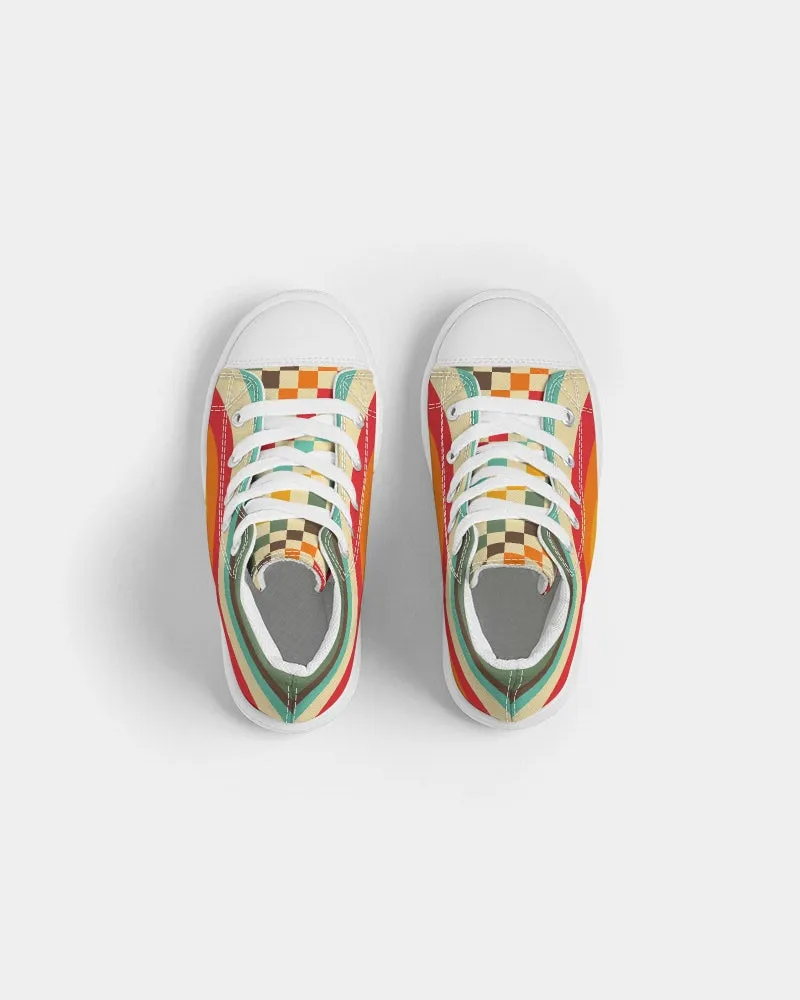 Kids 70s Vintage Style Rainbow Checker Hightop Canvas Shoes