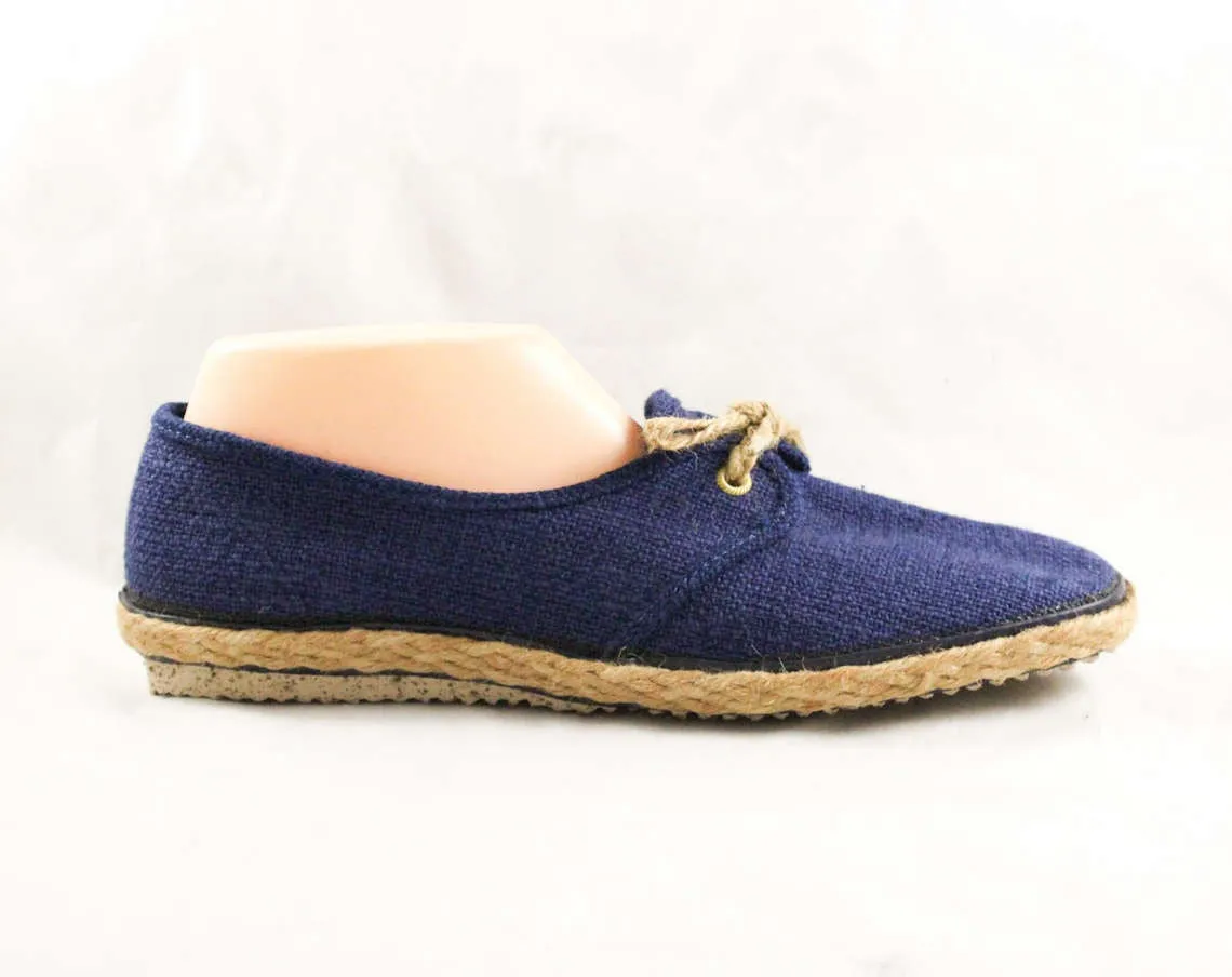 Size 10 Navy Sneakers - Retro Rustic Burlap Deck Shoes - 80s Casual Blue Sneaker Woven Jute Heel - Grasshoppers Ked's - Deadstock - 10M